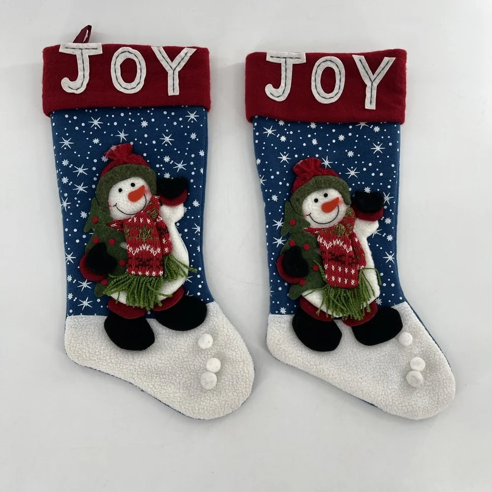 2 Vintage Snowman Felt Applique Christmas Stocking 3D Fleece Knit Pom Stitch 21